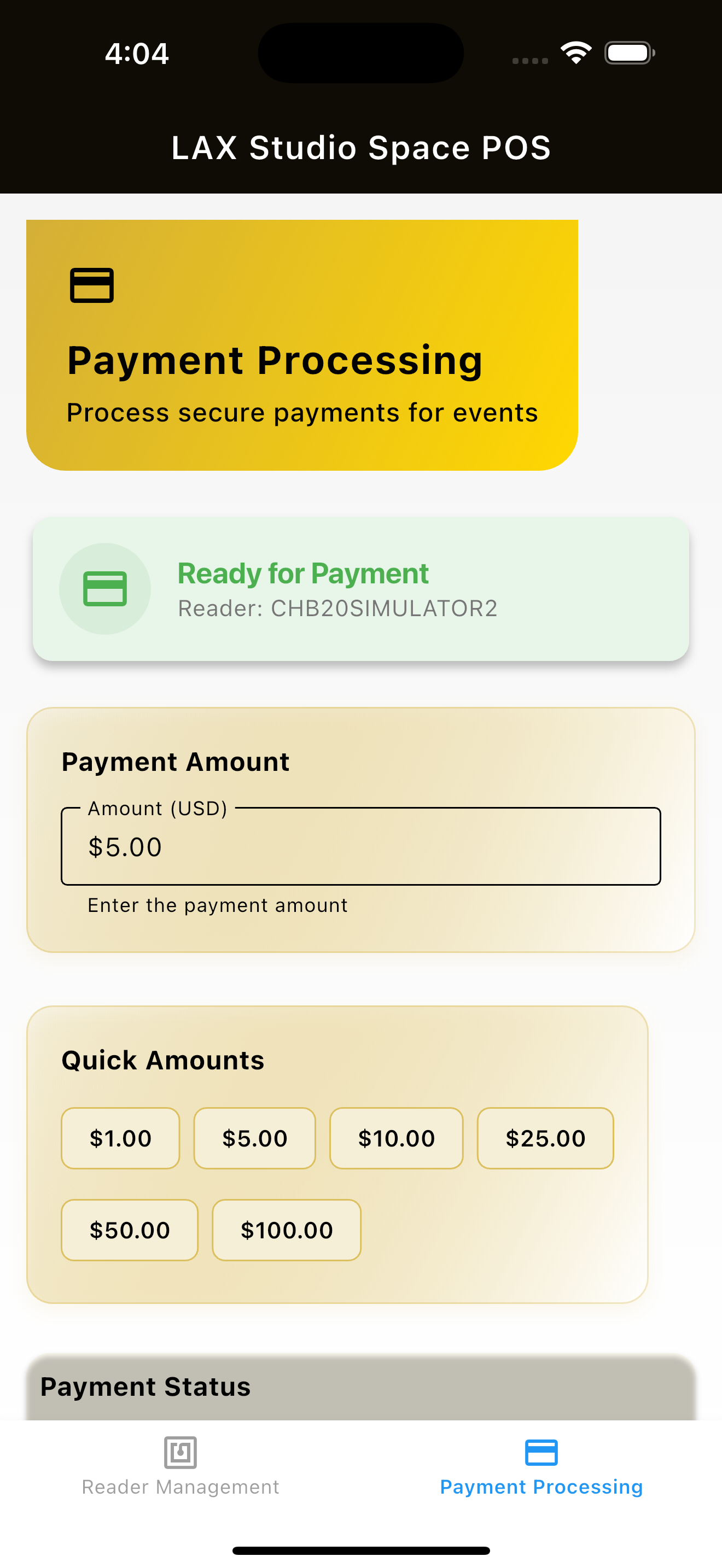 LAX Studio Space POS App - Mobile Payment Interface